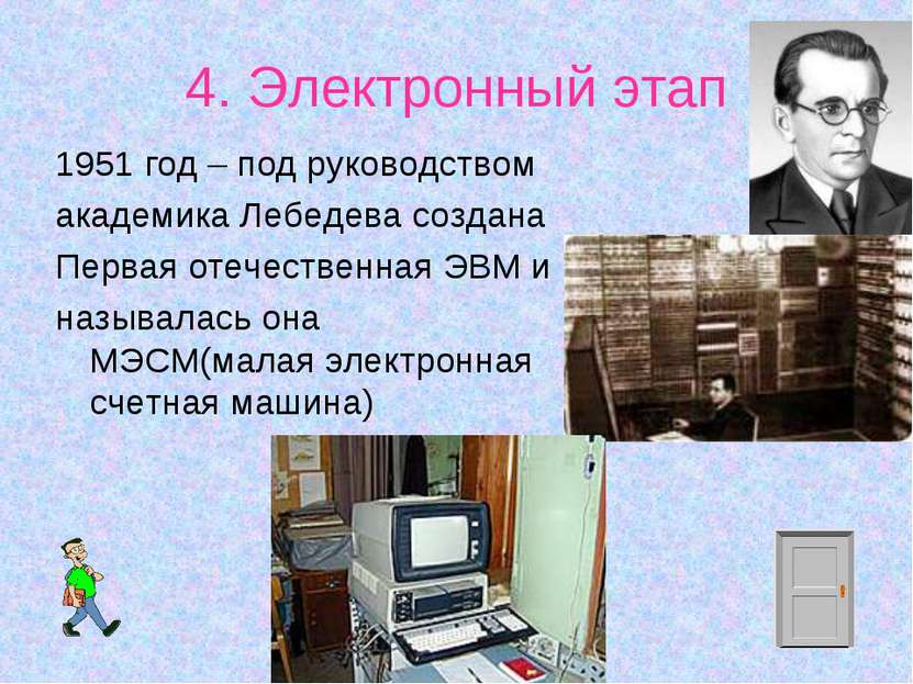 4. Электронный этап 1951 год – под руководством академика Лебедева создана Пе...
