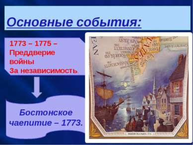 Основные события: 1773 – 1775 – Преддверие войны За независимость. Бостонское...