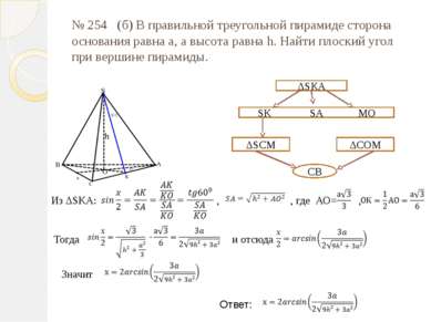 № 254 (б) В правильной треугольной пирамиде сторона основания равна а, а высо...