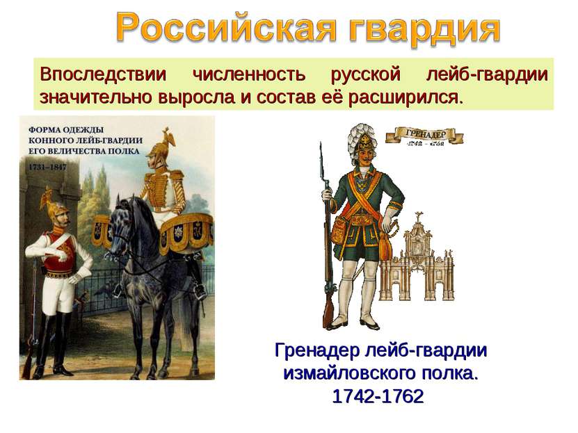 Впоследствии численность русской лейб-гвардии значительно выросла и состав её...