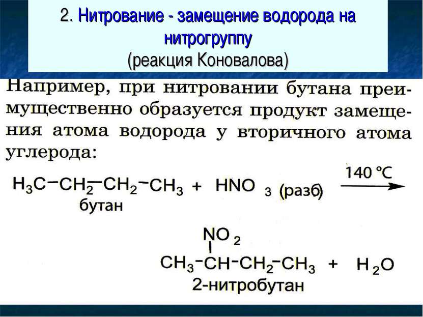 2. Нитрование - замещение водорода на нитрогруппу (реакция Коновалова) CH4 + ...