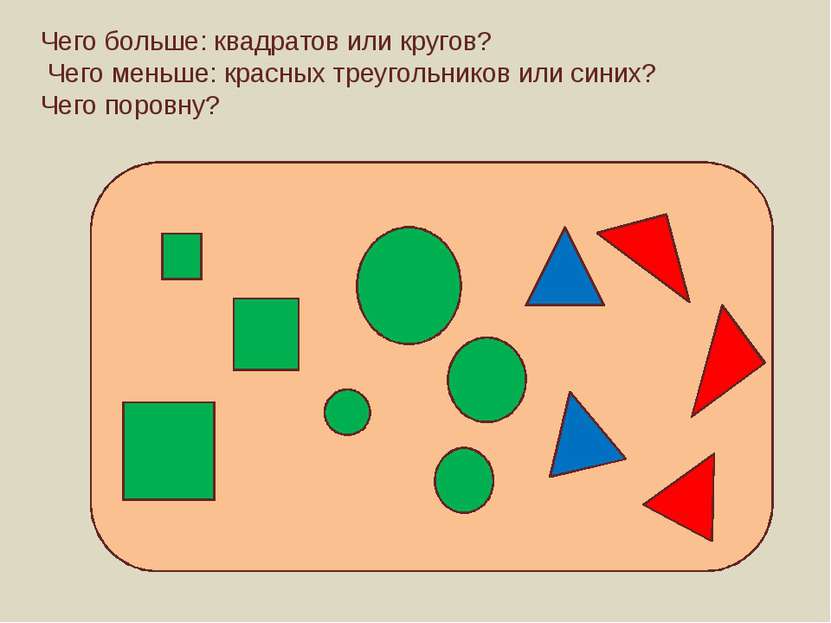 Чего больше: квадратов или кругов? Чего меньше: красных треугольников или син...