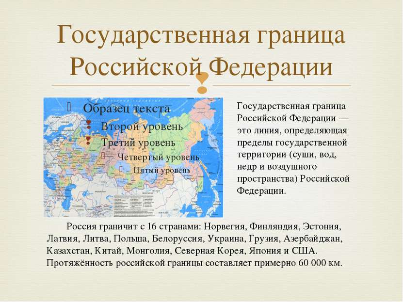 Государственная граница Российской Федерации Россия граничит с 16 странами: Н...