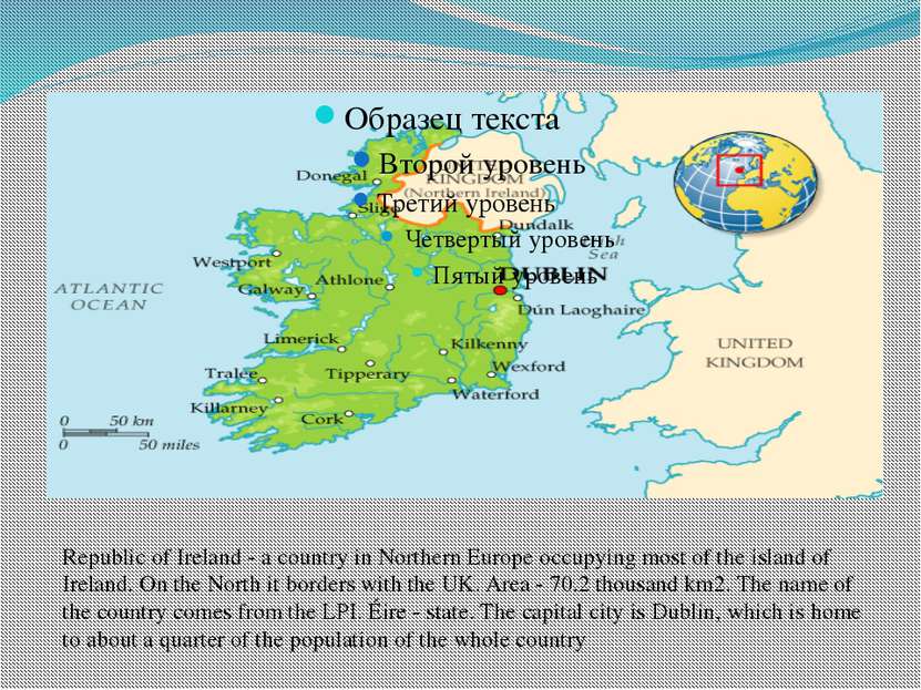 Republic of Ireland - a country in Northern Europe occupying most of the isla...