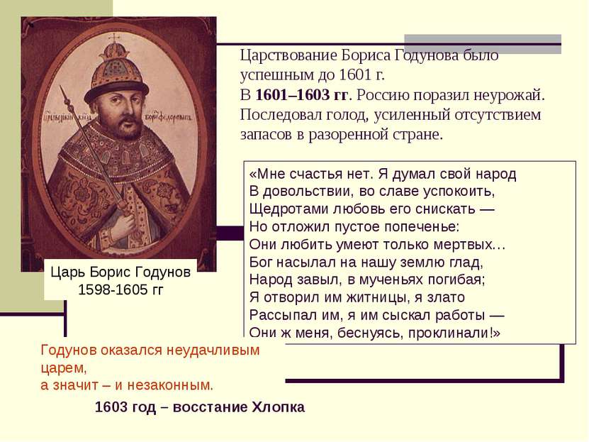 Царствование Бориса Годунова было успешным до 1601 г. В 1601–1603 гг. Россию ...