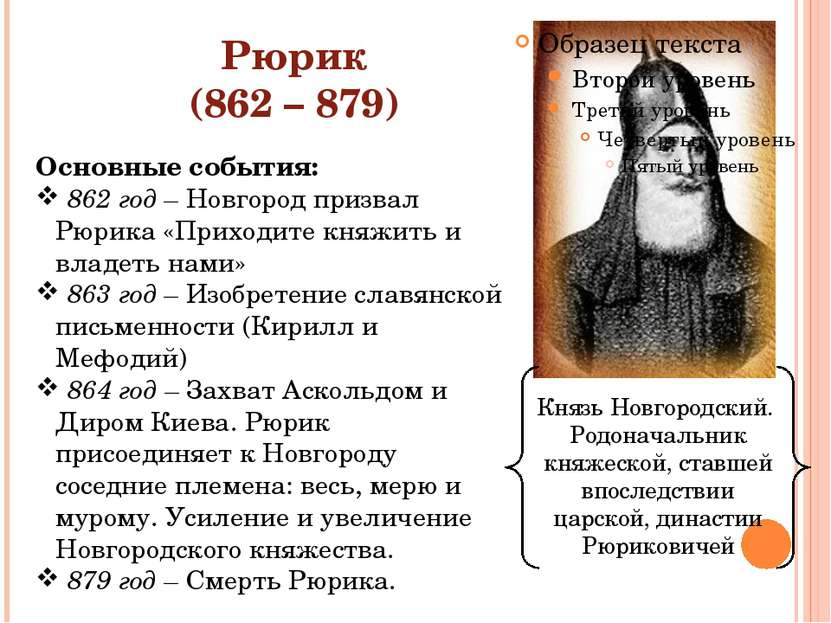 Рюрик (862 – 879) Князь Новгородский. Родоначальник княжеской, ставшей впосле...