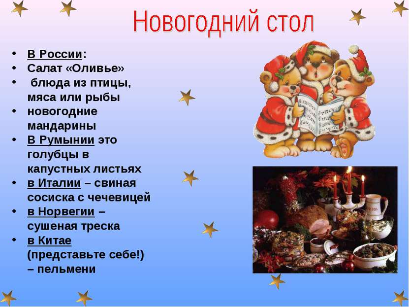 В России: Салат «Оливье» блюда из птицы, мяса или рыбы новогодние мандарины В...