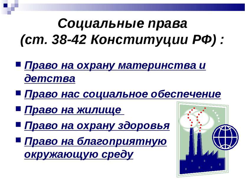 Социальные права (ст. 38-42 Конституции РФ) : Право на охрану материнства и д...