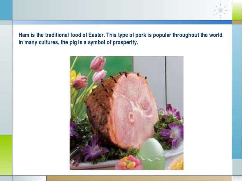 Ham is the traditional food of Easter. This type of pork is popular throughou...