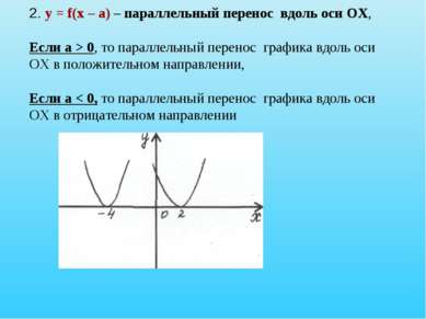 2. у = f(х – а) – параллельный перенос вдоль оси ОХ, Если а > 0, то параллель...