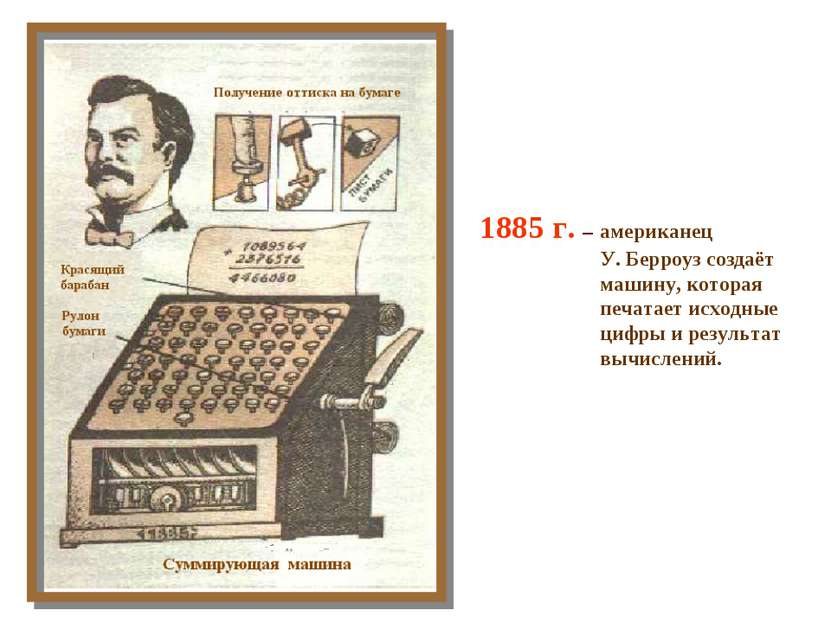 1885 г. – американец У. Берроуз создаёт машину, которая печатает исходные циф...