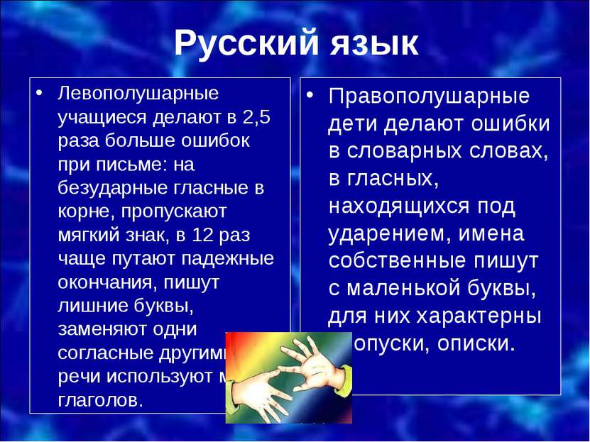 Русский язык Левополушарные учащиеся делают в 2,5 раза больше ошибок при пись...