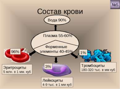 Состав крови Вода 90% Эритроциты 5 млн. в 1 мм. куб Лейкоциты 4-9 тыс. в 1 мм...