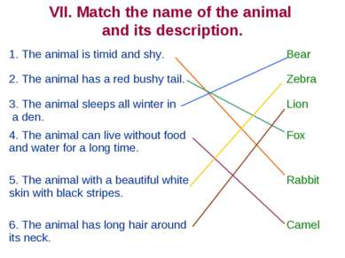 VII. Match the name of the animal and its description. 1. The animal is timid...