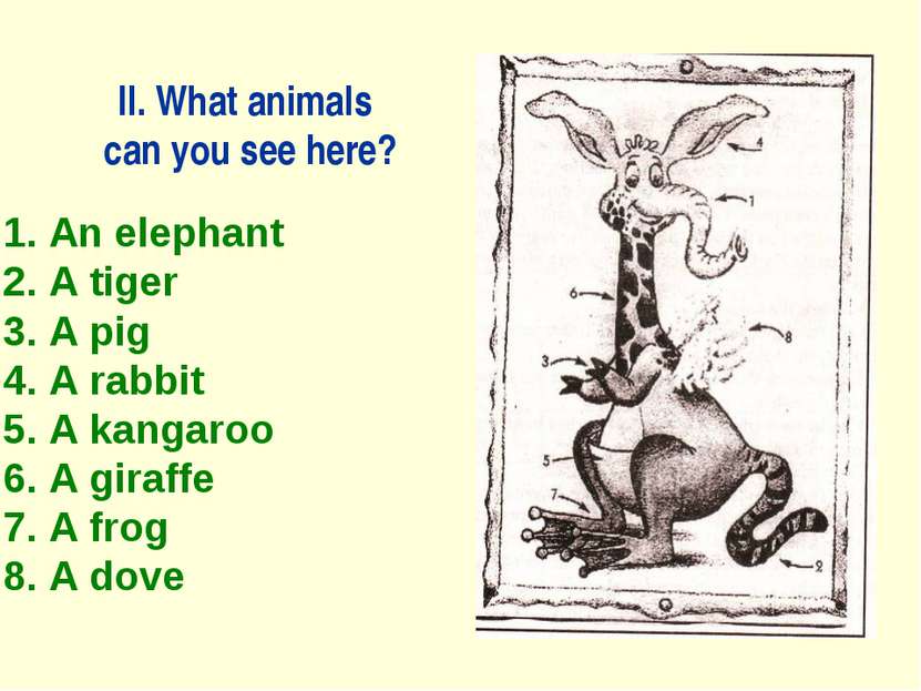 II. What animals can you see here? 1. An elephant 2. A tiger 3. A pig 4. A ra...