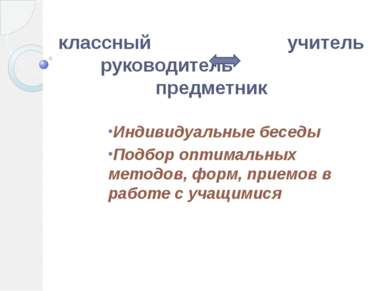 классный учитель руководитель предметник Индивидуальные беседы Подбор оптимал...