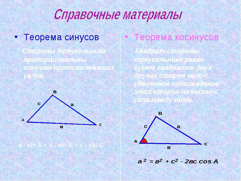 Теорема синусов Стороны треугольника пропорциональны синусам противолежащих у...