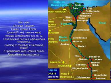 Нил - река в Руанде, Танзании, Уганде, Судане, Египте. Длина 6671 км ( 1 мест...