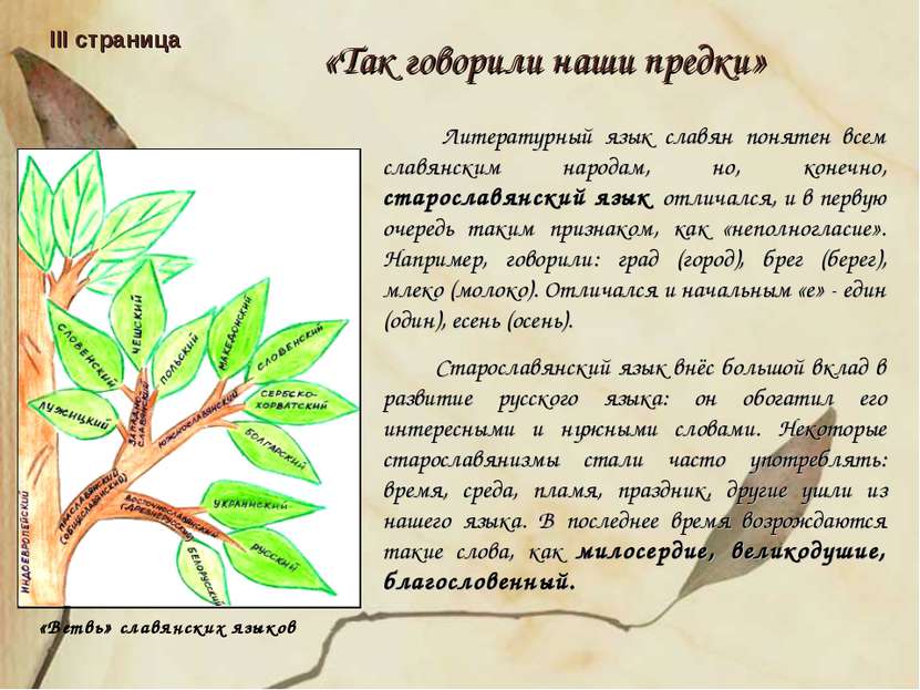 «Так говорили наши предки» III страница Литературный язык славян понятен всем...