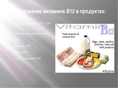 Содержание витамина В12 в продуктах: Печень телячья, 100 г 269 Печень домашне...