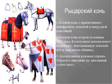 Рыцарский конь 1-Боевой конь с примитивным шамфроном, попоной и нагрудной пла...