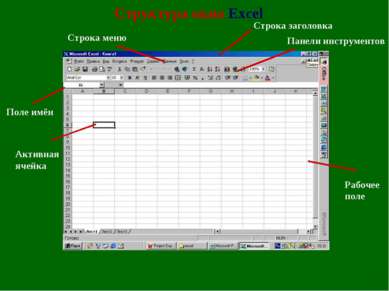 Структура окна Excel Строка меню Рабочее поле Панели инструментов Строка заго...