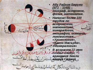 Абу Райхон Беруни (973 – 1048) – географ, астроном, физик, математик. Написал...