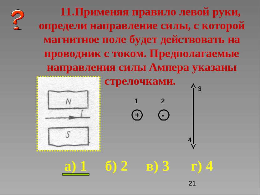 11.Применяя правило левой руки, определи направление силы, с которой магнитно...