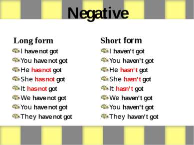 Negative Long form I have not got You have not got He has not got She has not...