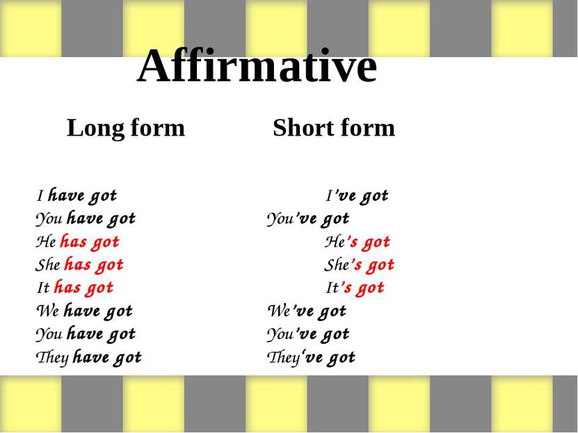 Affirmative Long form Short form I have got I’ve got You have got You’ve got ...