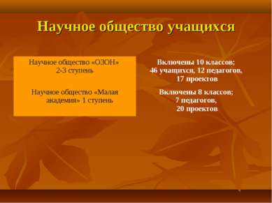 Научное общество учащихся Научное общество «ОЗОН» 2-3 ступень Включены 10 кла...