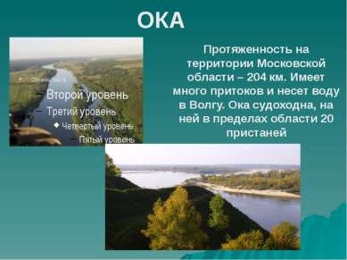 ОКА Протяженность на территории Московской области – 204 км. Имеет много прит...