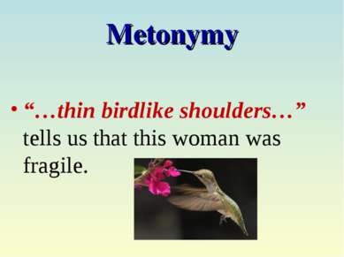 Metonymy “…thin birdlike shoulders…” tells us that this woman was fragile.