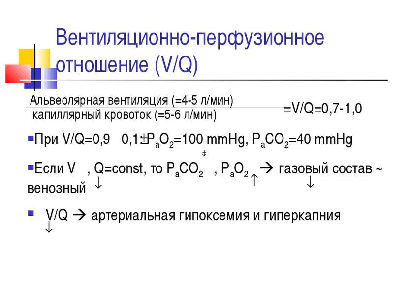 Вентиляционно-перфузионное отношение (V/Q) Альвеолярная вентиляция (=4-5 л/мин)