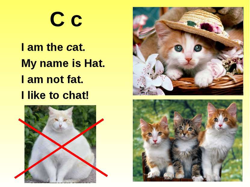 C c I am the cat. My name is Hat. I am not fat. I like to chat!