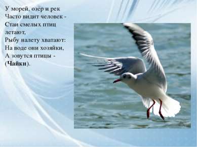 У морей, озёр и рек Часто видит человек - Стаи смелых птиц летают, Рыбу налет...