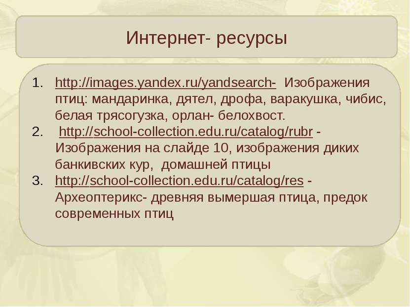 Интернет- ресурсы http://images.yandex.ru/yandsearch- Изображения птиц: манда...