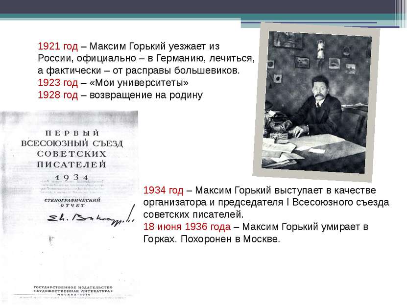 1934 год – Максим Горький выступает в качестве организатора и председателя I ...
