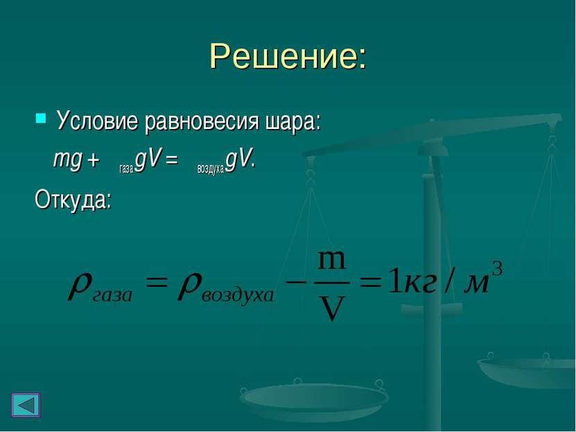 Решение: Условие равновесия шара: mg + ρгазаgV = ρвоздухаgV. Откуда: