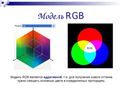 Модель RGB Модель RGB является аддитивной, т.е. для получения нового оттенка ...