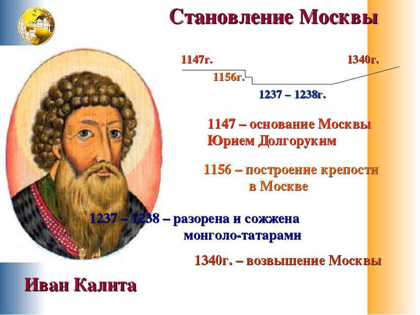 1147г. 1156г. 1237 – 1238г. 1340г. 1147 – основание Москвы Юрием Долгоруким 1...