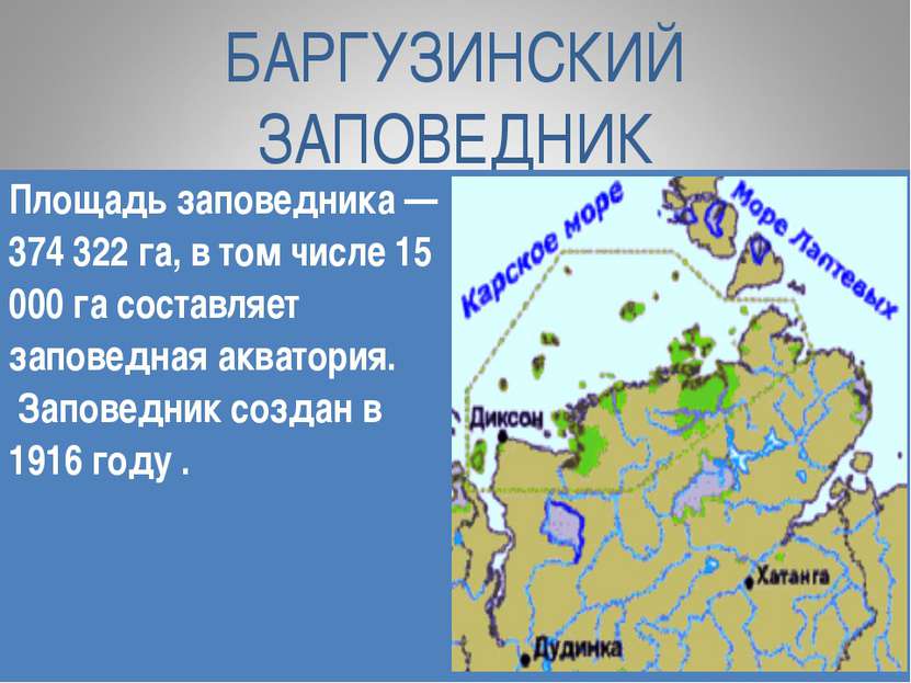 БАРГУЗИНСКИЙ ЗАПОВЕДНИК Площадь заповедника — 374 322 га, в том числе 15 000 ...