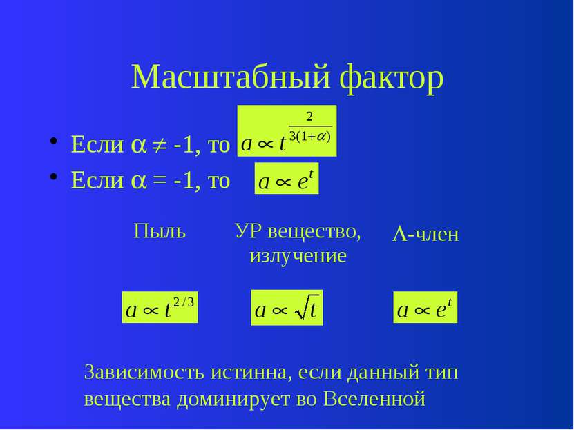 Параметры вещества Пыль ( = 0) УР, излучение ( = 1/3) -член ( = -1)