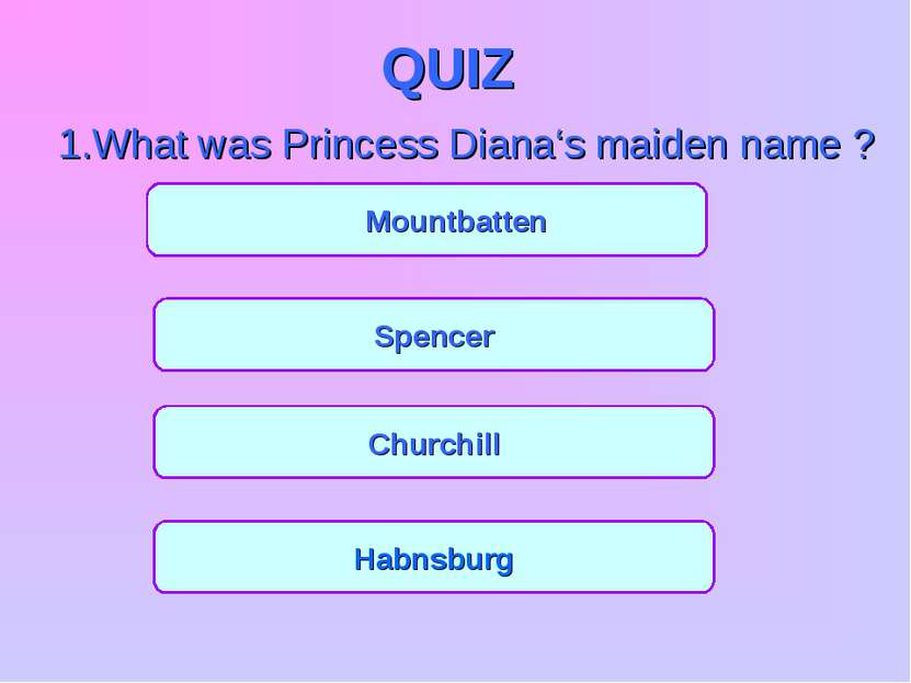 QUIZ 1.What was Princess Diana‘s maiden name ? Mountbatten Spencer Churchill ...