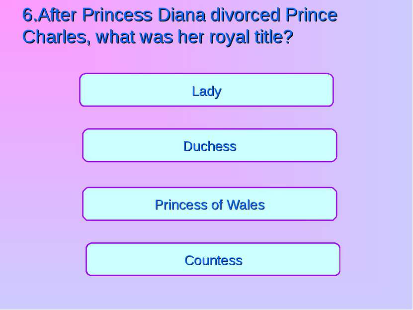 Princess of Wales Countess Duchess Lady 6.After Princess Diana divorced Princ...
