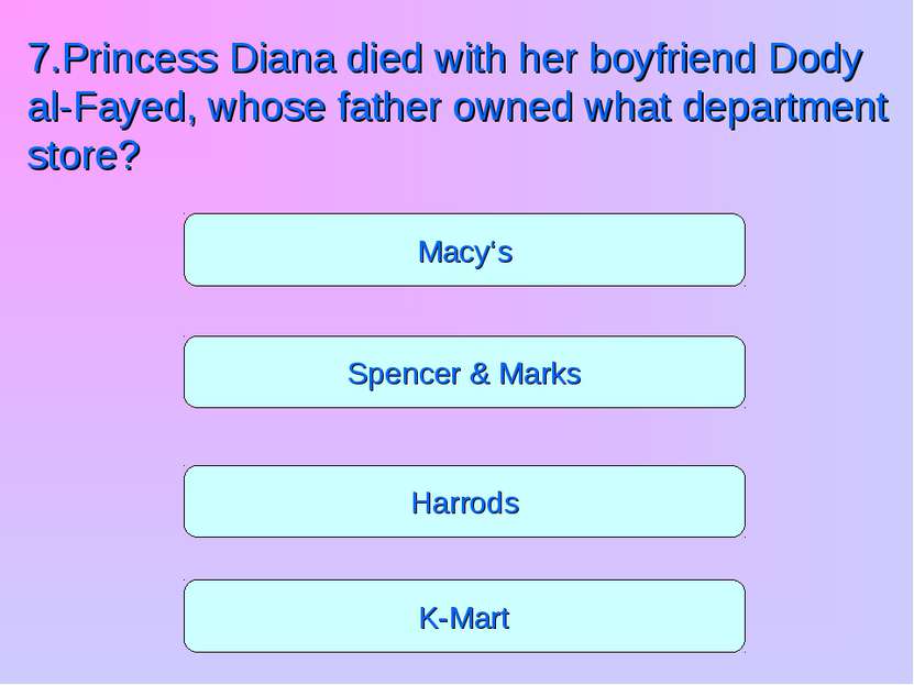 Spencer & Marks Harrods K-Mart Macy‘s 7.Princess Diana died with her boyfrien...