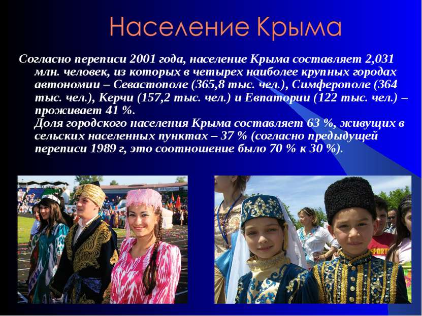 Согласно переписи 2001 года, население Крыма составляет 2,031 млн. человек, и...