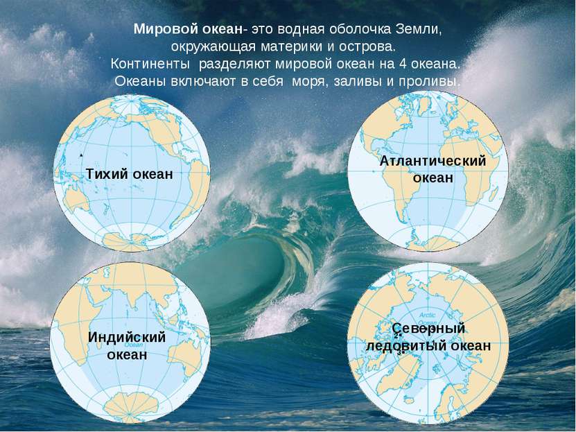 Мировой океан- это водная оболочка Земли, окружающая материки и острова.  Кон...