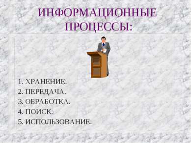 ИНФОРМАЦИОННЫЕ ПРОЦЕССЫ: 1. ХРАНЕНИЕ. 2. ПЕРЕДАЧА. 3. ОБРАБОТКА. 4. ПОИСК. 5....