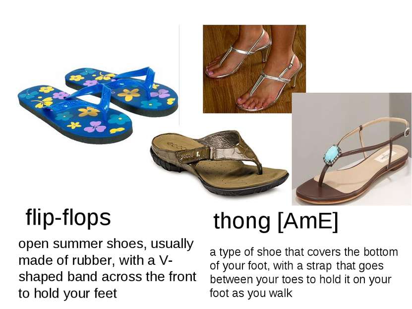 flip-flops open summer shoes, usually made of rubber, with a V-shaped band ac...